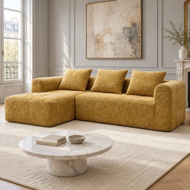 WUVRIE 3-zits hoekbank 250x158 cm - Chenille met chaise longue, zijvakken en 3 kussens - Geel