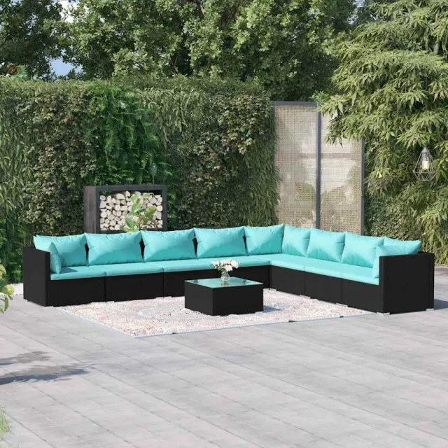 vidaXL 9-delige Loungeset met kussens poly rattan zwart, foto 2