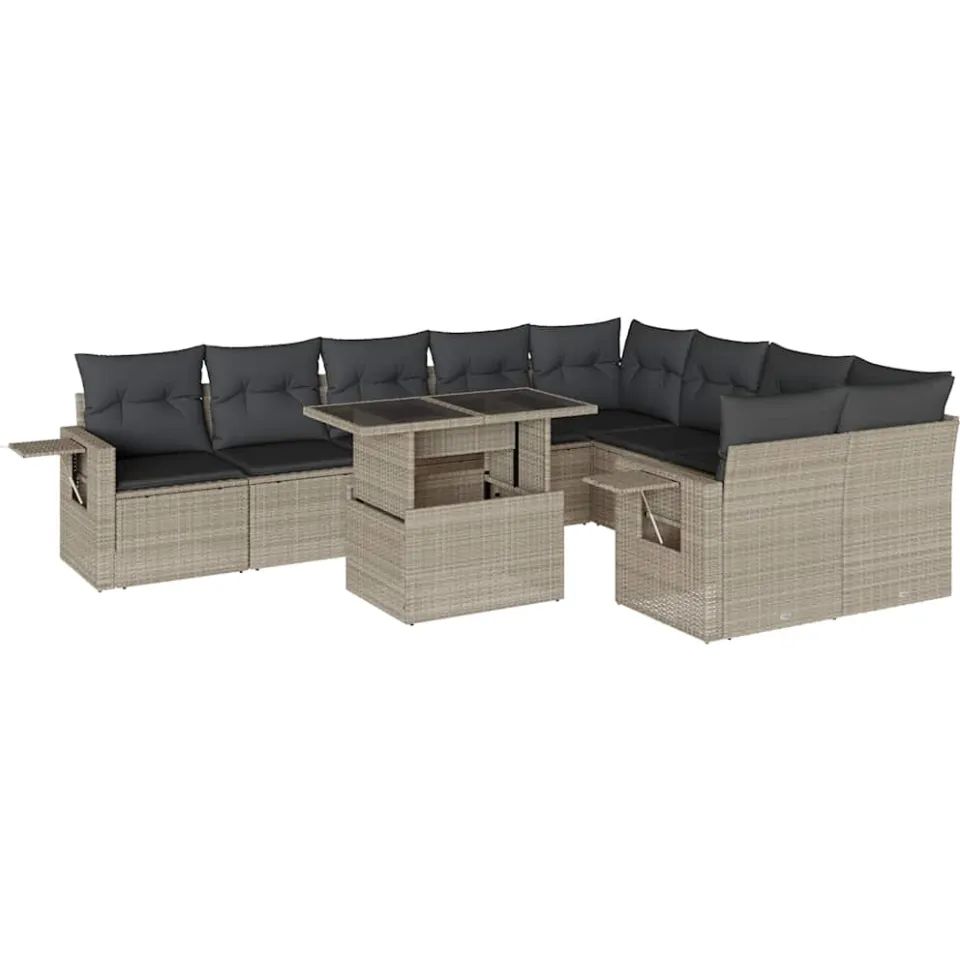 vidaXL 10-delige Loungeset met kussens poly rattan lichtgrijs grijs, foto 3
