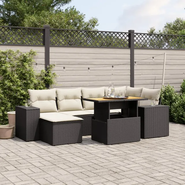 vidaXL 7-delige Loungeset met kussens poly rattan zwart, foto 2