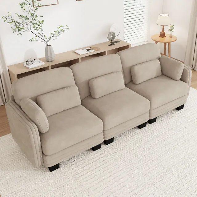 REDOM 3-zits modulaire zitbank - Verplaatsbare lenden- en armkussens - Chenille bekleding - Moderne stijl - Woonkamer - Lichtbruin - 253 x 88 x 88 cm