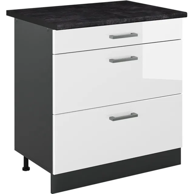 Vicco Keukenonderkast R-Line, Wit Hoogglans/Antraciet, 80 cm met 3 laden antraciet werkblad