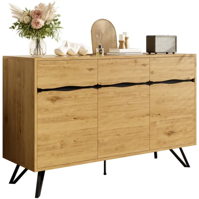Merax Dressoir met 3 Deuren – Opbergkast met Houtdecor en Zwarte Metalen Poten – Buffetkast 140 x 40 x 75,5 cm Bruin