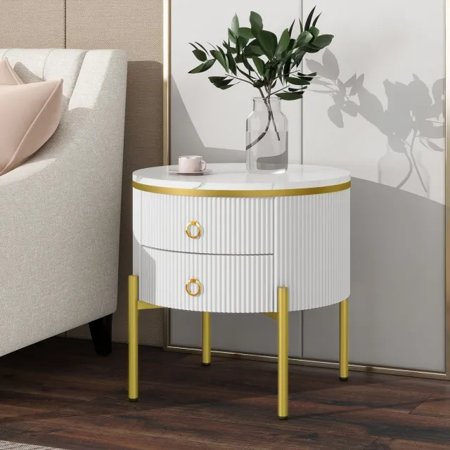 Wishdor Bijzettafel - 2 Laden - Verstelbare Poten - Modern - Voor Woonkamer - MDF - Wit En Goud - 50 X 50 X 51 Cm