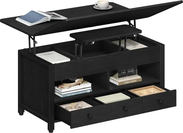 HILINSIE In hoogte verstelbare salontafel, om te bouwen tot eettafel, zwart, Woonkamertafel met 3 lades en 2 vakken, 50 × 100 × 45 cm, voor woonkamer en thuiskantoor