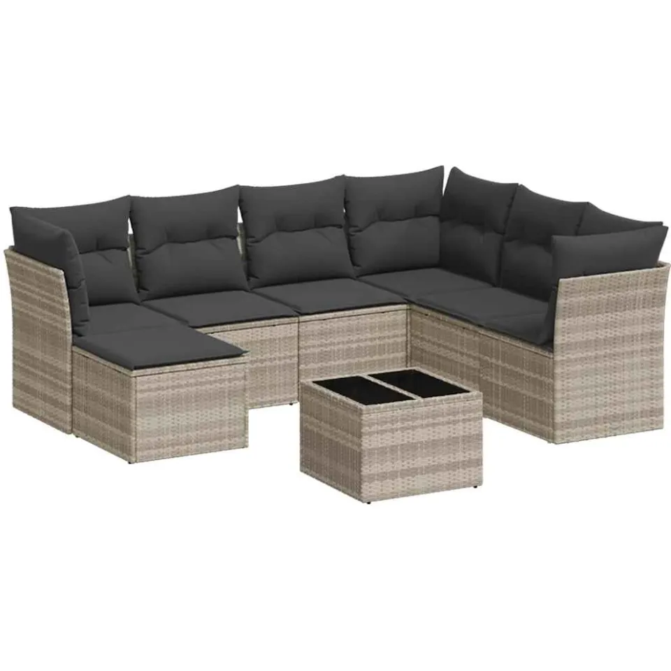 vidaXL 8-delige Loungeset met kussens poly rattan lichtgrijs