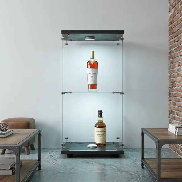 MEXUS Moderne Glazen Vitrinekast met 2 Glazen Planken, 1 Deur, Ledverlichting en Slot, Gehard glas, 86x40,4x36,5 cm, Geschikt voor Woonkamer, Slaapkamer of Kantoor (Zwart)