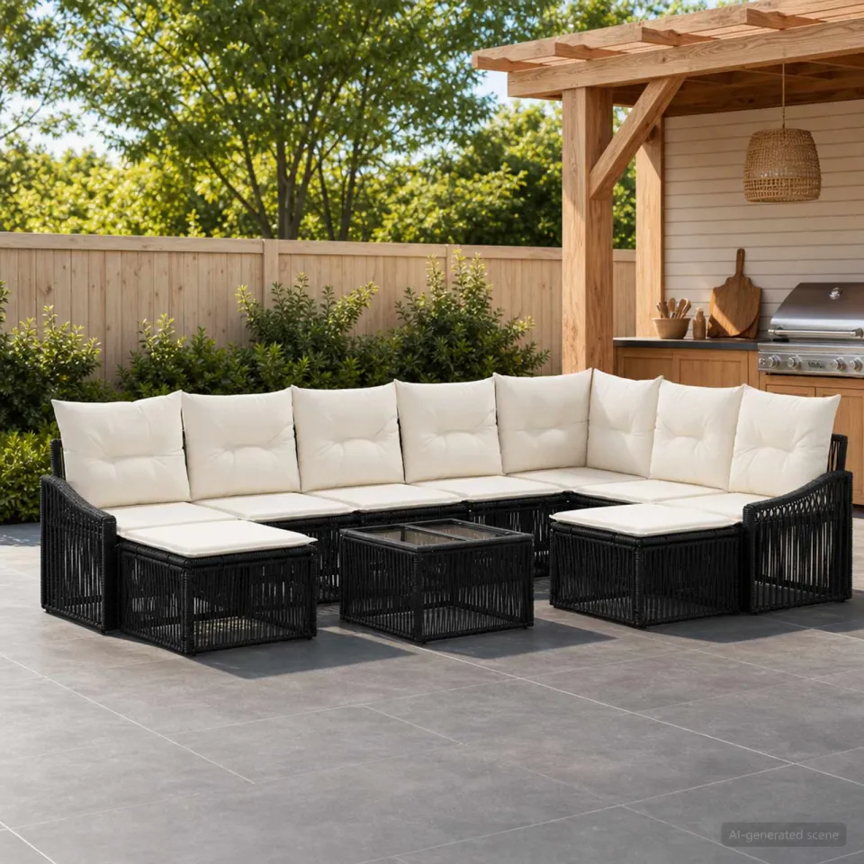 vidaXL Tuinbankenset 10 st 9-zits Zwart poly rattan, foto 3