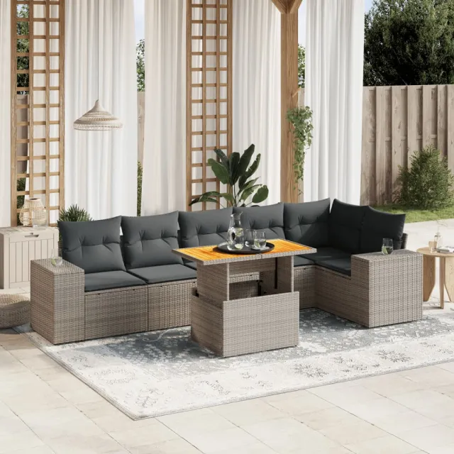 vidaXL 7-delige Loungeset met kussens poly rattan grijs, foto 2