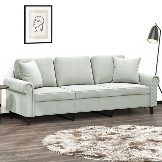 vidaXL Driezitsbank met sierkussens 180 cm fluweel lichtgrijs grijs