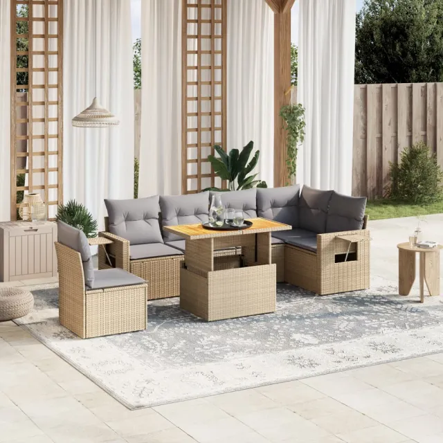 vidaXL 7-delige Loungeset met kussens poly rattan beige, foto 2