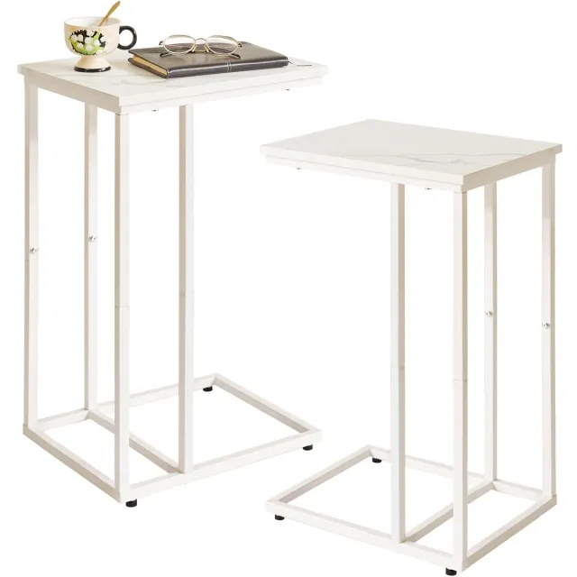 Unyqoos ® Stijlvolle C-vormige bijzettafels met marmerlook en wit metalen frame voor elke ruimte