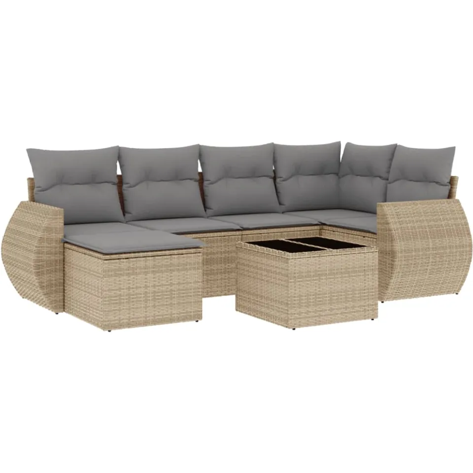 vidaXL 7-delige Loungeset met kussens poly rattan beige, foto 3