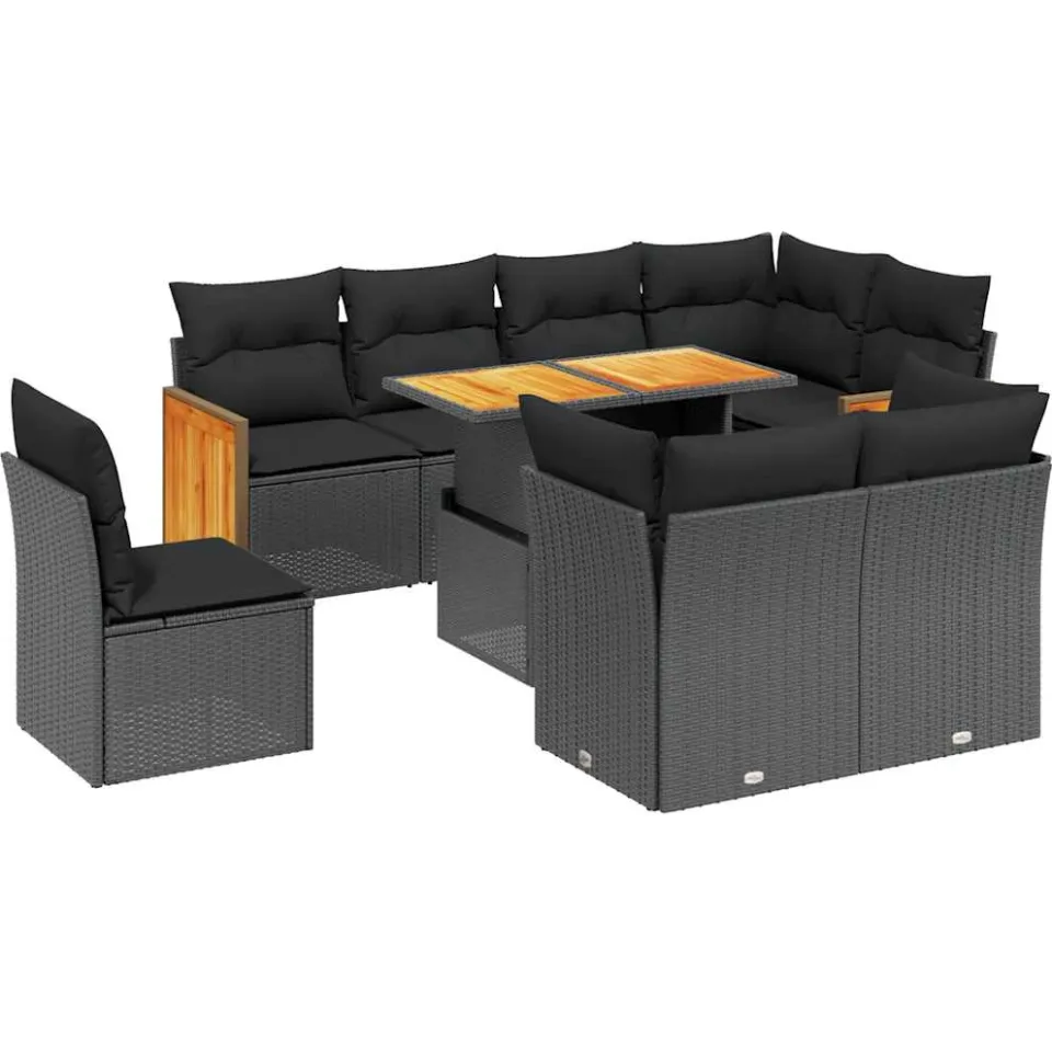 vidaXL 9-delige Loungeset met kussens poly rattan zwart, foto 3