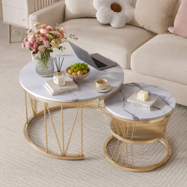 MEXUS Salontafel Ronde set van 2 en Metaal - Bijzettafel met 3 Niveaus - Voor Woonkamer, Slaapkamer - Diameter 70/45cm - Goud Metalen Frame - Industrieel Design