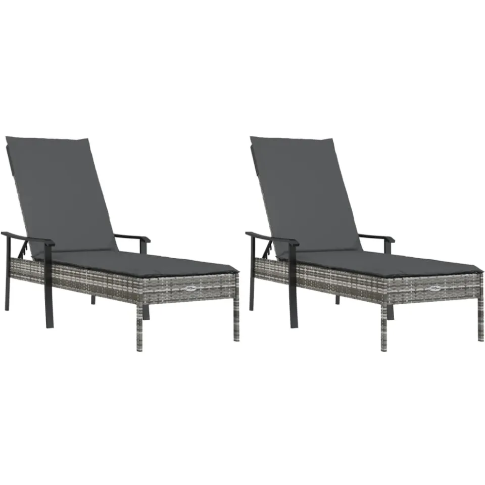 vidaXL Ligbedden 2 st met tafel en kussens poly rattan grijs, foto 3