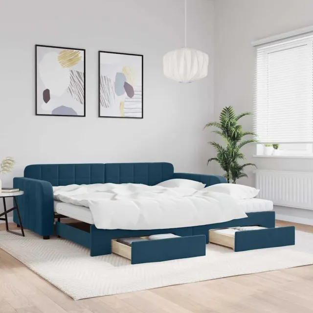 vidaXL Slaapbank met onderschuifbed en lades 100x200 cm fluweel blauw