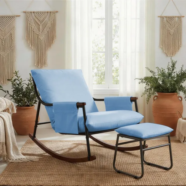 Homemiyn Schommelstoel – Enkele Houten Armstoel – Blauw Tech Fabric – Comfortabele Schommelstoel voor Woonkamer, Balkon of Slaapkamer – Ergonomische Schommelstoel met Stevig Frame – Eenvoudige Montage Blauwe textilene stof