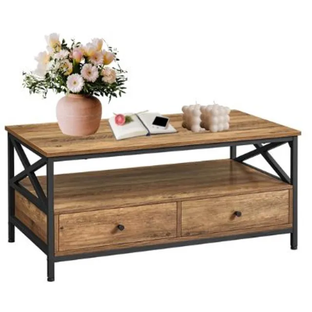 Signature Home Fiji Salontafel - woonkamertafel - banktafel voor woonkamer - Salontafel met lades - X-Struts - open vak - industrieel - walnootbruin - zwart - 100 x 56 x 45.5 cm walnootbruin-zwart