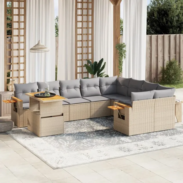 vidaXL 10-delige Loungeset met kussens poly rattan beige, foto 2
