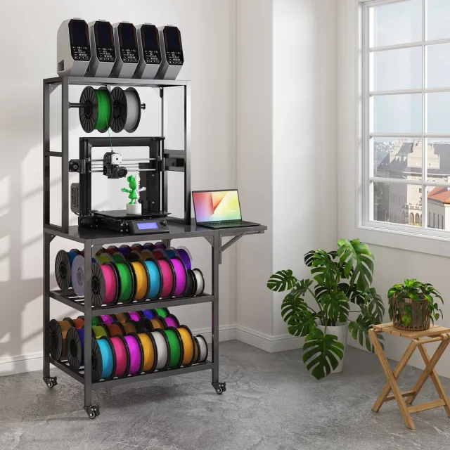 Wishdor 3D-printertafel met filamentopslag - Ruimte voor maximaal 54 spoelen - Spoelhouder met twee niveaus - Wielen met rem - Laptopplank en T-vormige houder - Metaal - Zwart