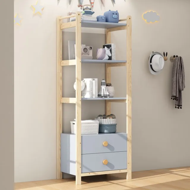 MEUNIQ Boekenkast 70 x 44 x 180 cm met 3 open legplanken en 2 lades – staande open kast voor woonkamer, slaapkamer of studeerkamer – blauw en naturel