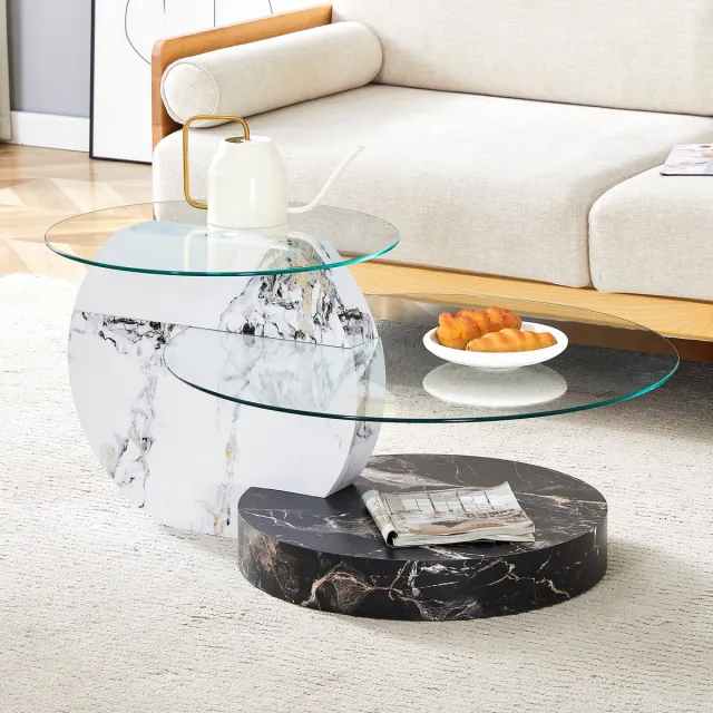 Clruro Salontafel - Ø50/70 cm - 2 Etages - Veiligheidsglas/MDF - Zwart/Wit Marmerlook Wit+Zwart