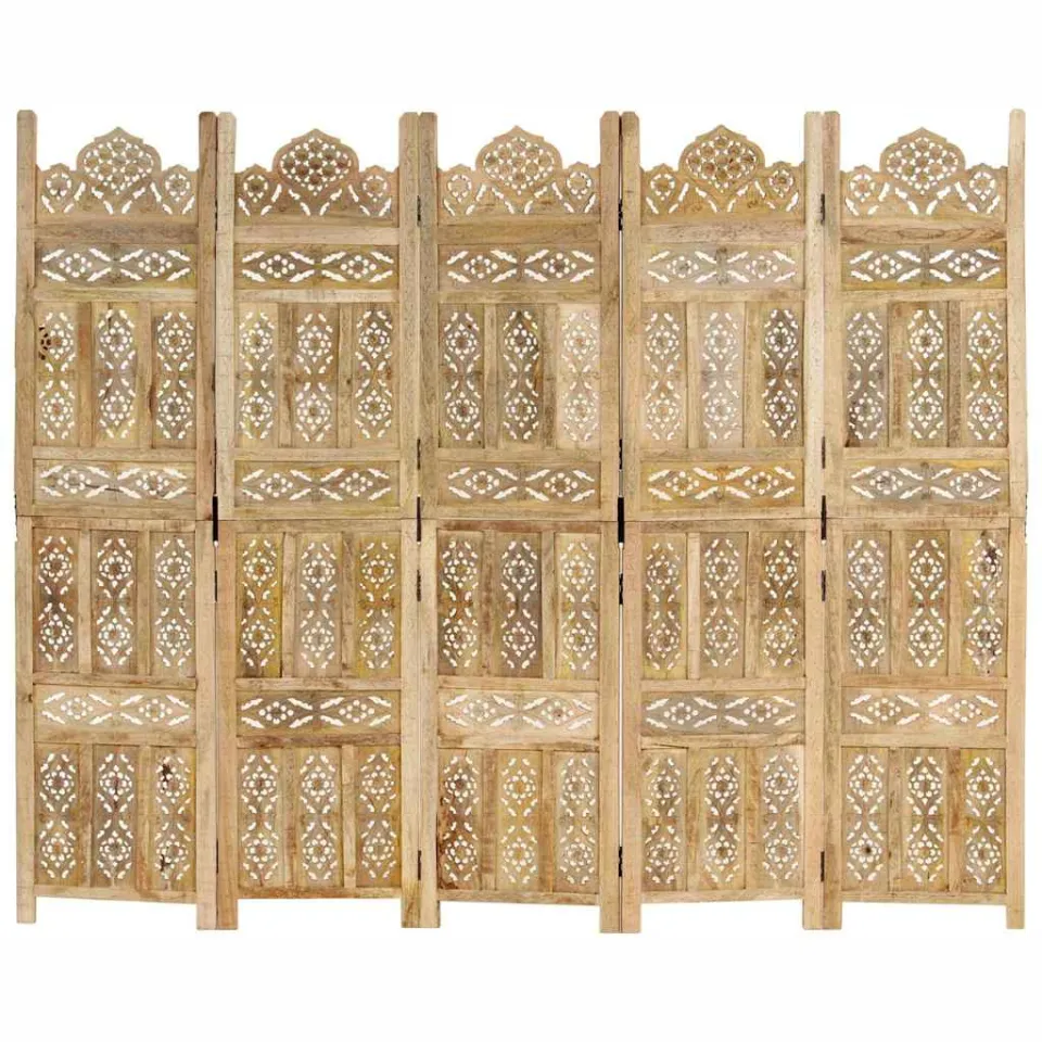 vidaXL Kamerscherm 5 panelen handgesneden 200x165 cm massief mangohout bruin, foto 3