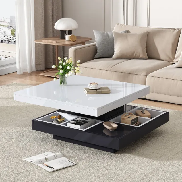 MEUNIQ Salontafel 70 x 70 x 36 cm – 360° draaibaar hoogglans tafelblad, dubbel ontwerp met open opbergruimte, wit met zwart onderstel voor de woonkamer