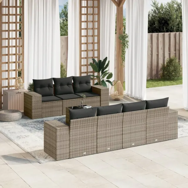 vidaXL 8-delige Loungeset met kussens poly rattan grijs, foto 2