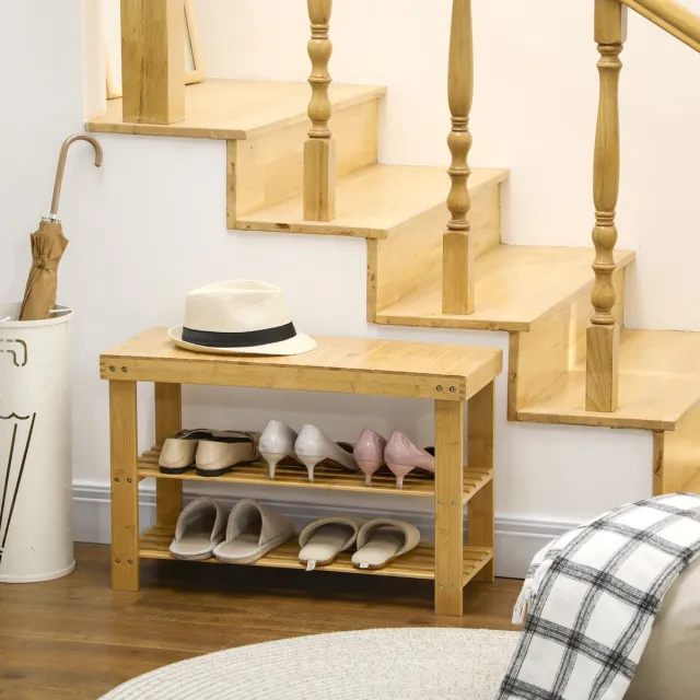 MEUNIQ Schoenbank van bamboe, 70 x 28 x 45 cm, met 3 opberg­niveaus en zitvlak, voor hal, entree en slaapkamer in naturel houtkleur Natural Wood