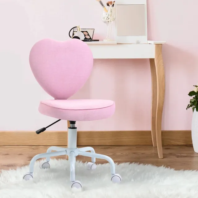 DESMIU Bureaustoel 40 x 50 x 79-89 cm - In Hoogte Verstelbaar Met Hartvormige Rugleuning En Wielen - Voor Bureau - Linnen Roze