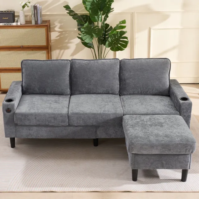 DESMIU Hoekbank 202 x 137 x 80 cm - Met USB, Type-C, Bekerhouders En Voetenbank - Voor Woonkamer En Slaapkamer - Linnen Grijs