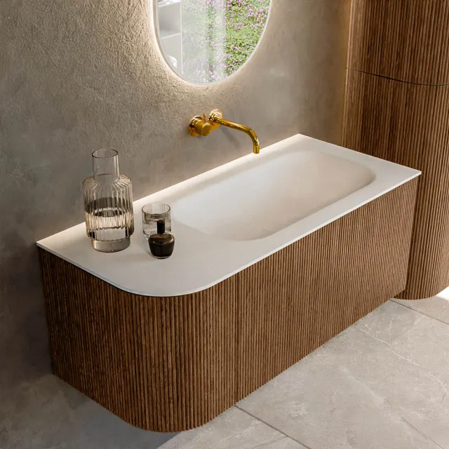 Mondiaz KURVE 105 cm Onderkast Greeploos 1 Lade Met Deuren Walnut, Wastafel Solid Surface Rechts Talc 0 Kraangaten Zonder Spiegel (KRVBGS105L1L1D0KR-Wal/Tal)