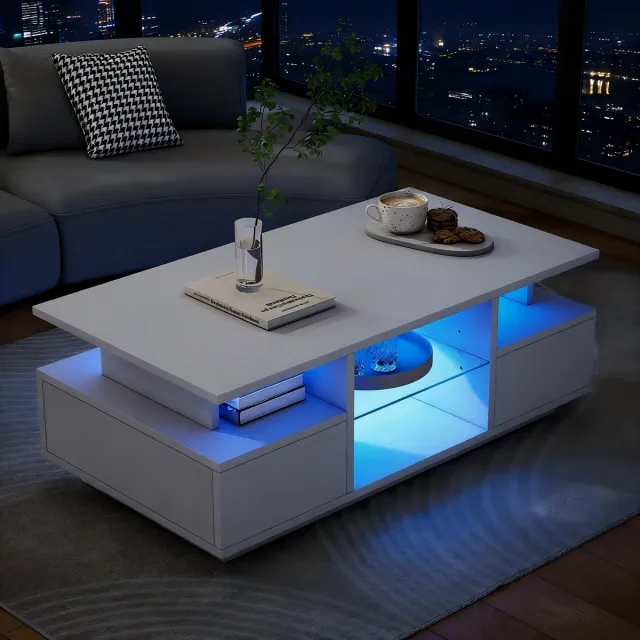 MUVANO Salontafel Wit Hoogglans - Moderne Woonkamertafel - Met LED Verlichting - 2 Lades en Glazen Plank - 100x50x36cm - App Bediening - Woonkamer Wit