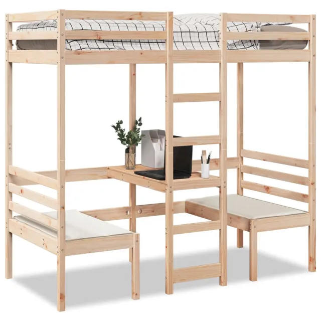 vidaXL Hoogslaper met bureau en stoelen massief grenenhout 75x190 cm Bruin