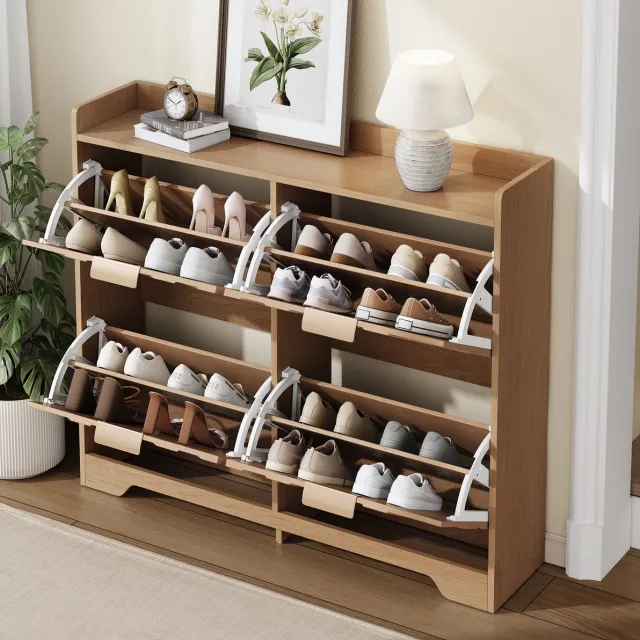 DESMIU Schoenenkast - 4 Klepvakken Met 3D Front - Ruimtebesparend Voor Hal En Entree - MDF - 105 x 24 x 90 Cm - Naturel