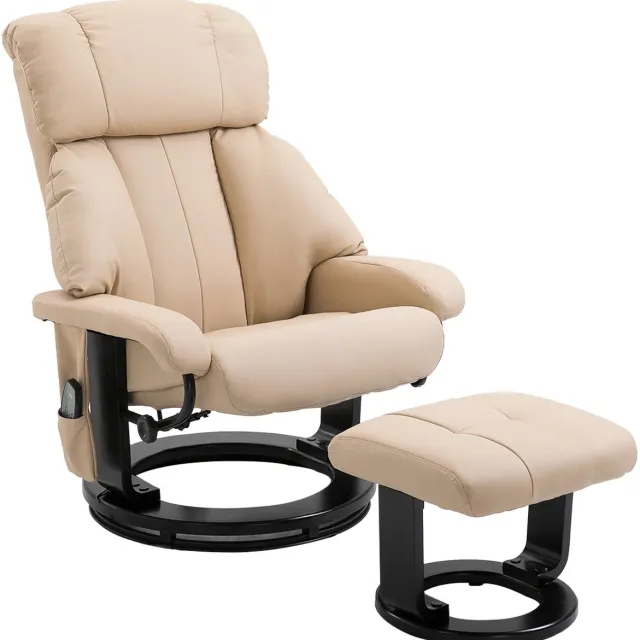 Merax Relaxfauteuil met Hocker – Beige Kunstleer – Ligfunctie en 360° Draaibaar – Elektrische Massagestoel met 10-Punts Vibratiemassage via Afstandsbediening Wit