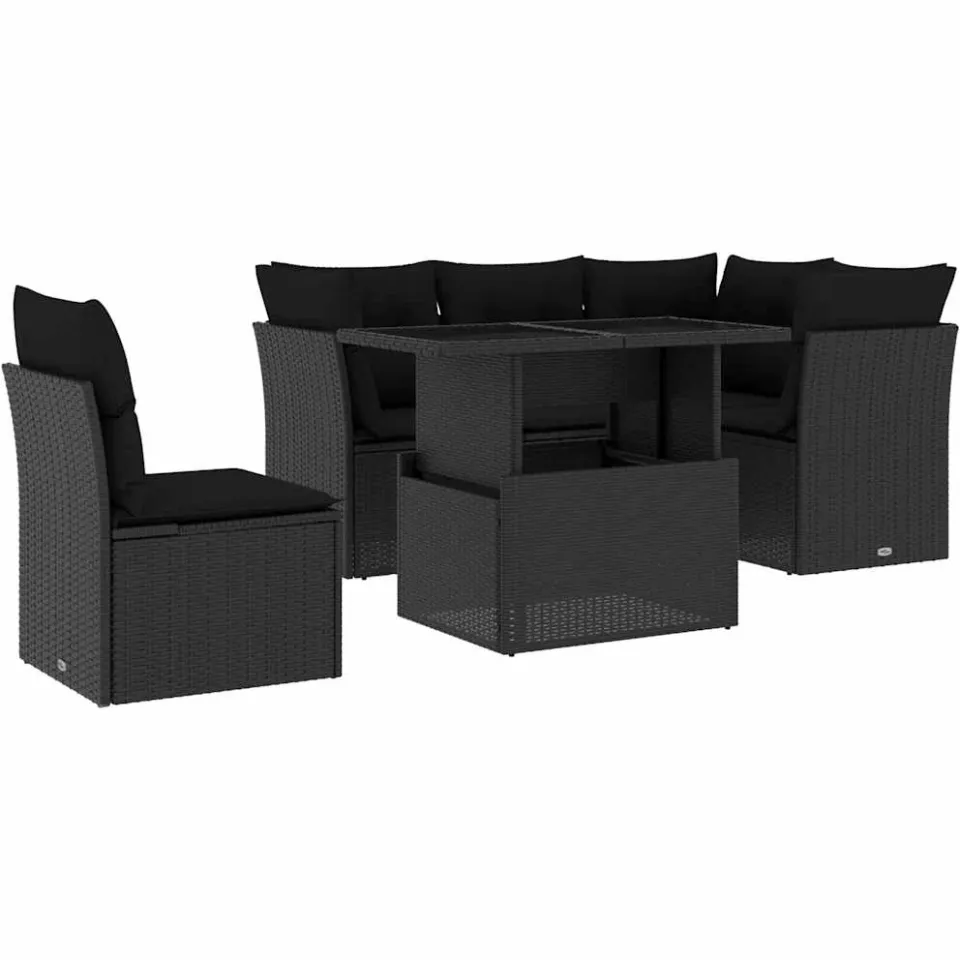vidaXL 6-delige Loungeset met kussens poly rattan zwart