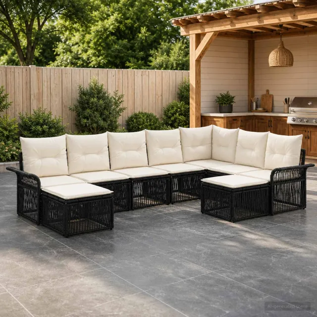 vidaXL Tuinbankenset 9 st 9-zits Zwart en Cream Wit poly rattan, foto 2