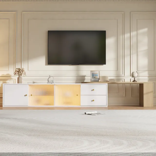 MODENUIT TV Meubel - Uittrekbaar Met LED-Verlichting - Woonkamer - Spanplaat - Wit/Natuur - 175x40x35,5 Cm Wit + naturel
