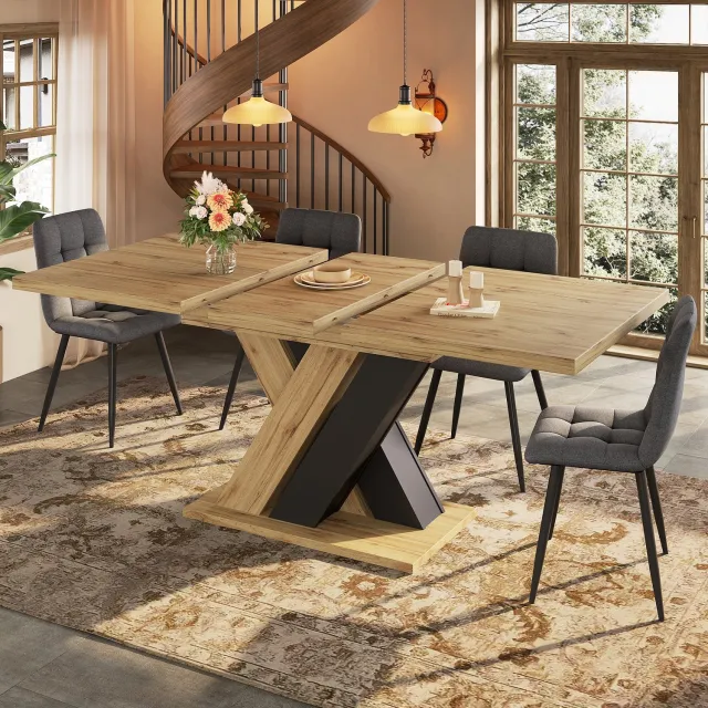 Maisentiel Uitschuifbare eettafel 119-158,5 x 80 x 75 cm - houtlook en zwart X-onderstel Houtkleur