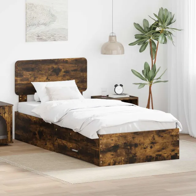 vidaXL Bedframe met lade Gerookt eiken 90 x 190 cm Bewerkt hout Bruin