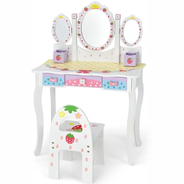 KOMFOTTEU Make-uptafel voor kinderen met 3 spiegels - kaptafel voor meisjes met 3 laden - prinses cosmeticatafel van hout Wit