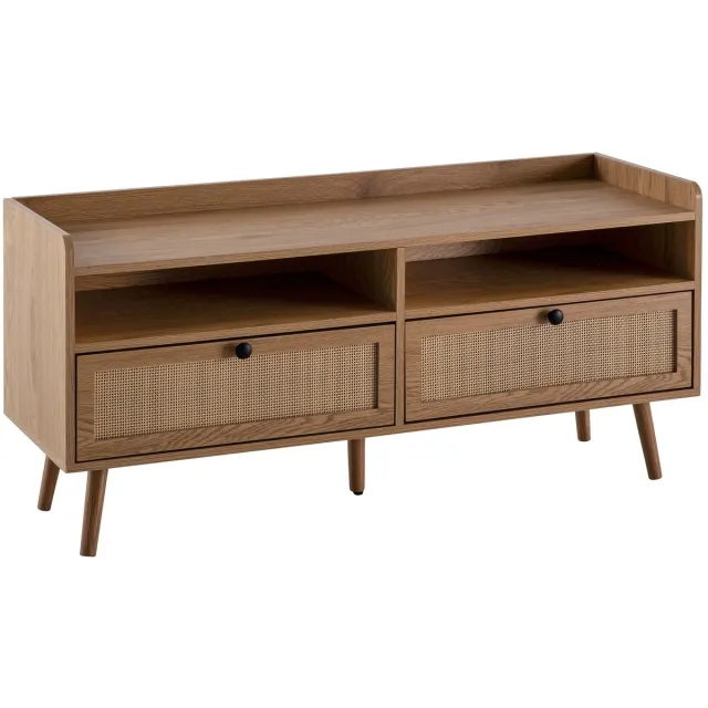 Ervesto Tv-meubel - Lowboard 120x56x39 Cm - Tv-kast Met Eiken Decor En Rotan - Met Lades En Open Vakken - Modern Woonkamer Dressoir Zie omschrijving