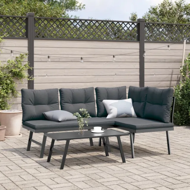 vidaXL 3-delige Tuinbankenset met kussens gepoedercoat staal zwart, foto 2