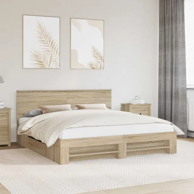 vidaXL Bedframe met hoofdeinde Sonoma Eiken 200 x 200 cm Bewerkt hout Bruin