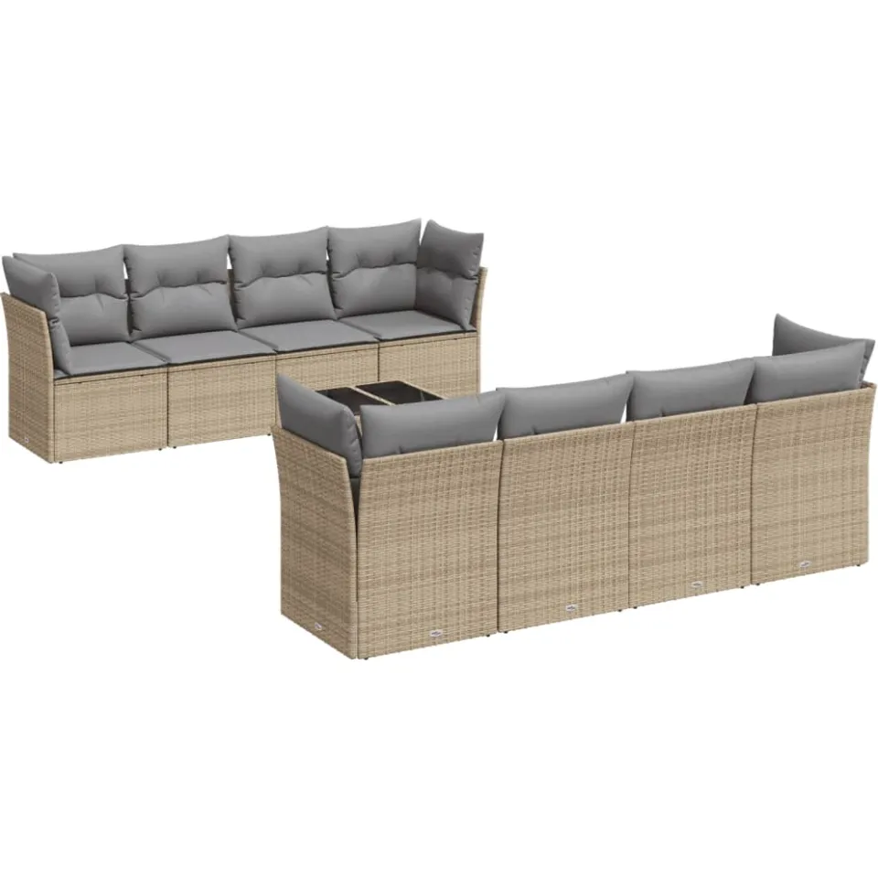 vidaXL 9-delige Loungeset met kussens poly rattan beige