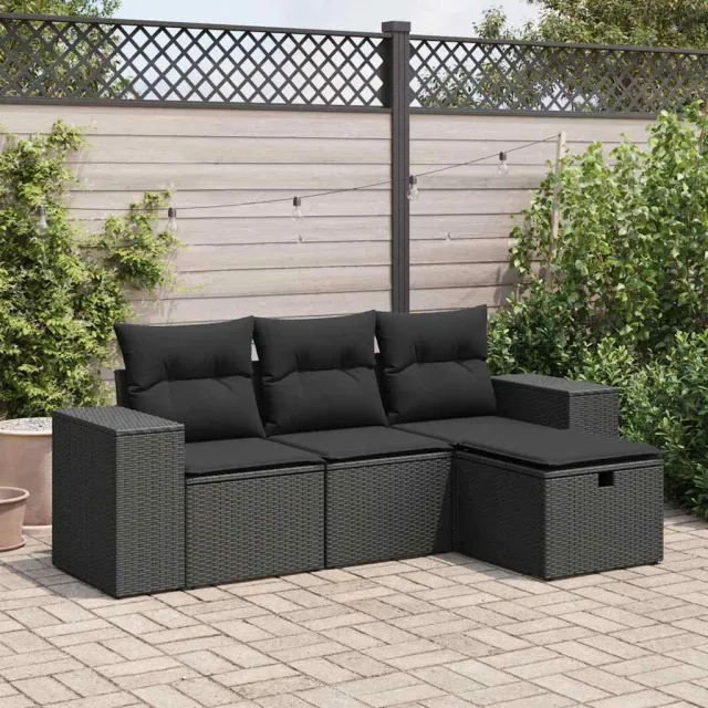 vidaXL 4-delige Loungeset met kussens poly rattan zwart, foto 2