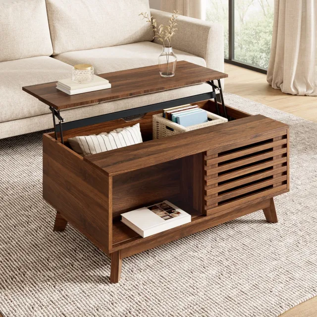Wishdor Salontafel - Hoogteverstelbaar - Verschuifbare jaloeziedeur - Modern retro - Woonkamer en kleine ruimtes - MDF - Walnoot - 90 x 55 x 57,5 cm Walnut